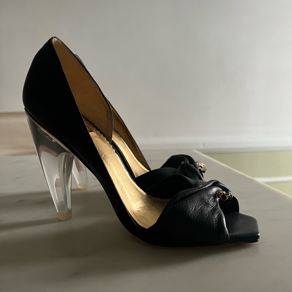 Report Signature black leather open toe pump curved transparent heel 8.5 - Picture 1 of 12